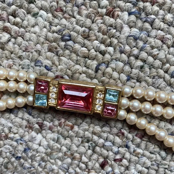 VTG 3 Strand Faux Pearl Gemstone Choker Necklace Party Formal Wedding Princess - Picture 3 of 12